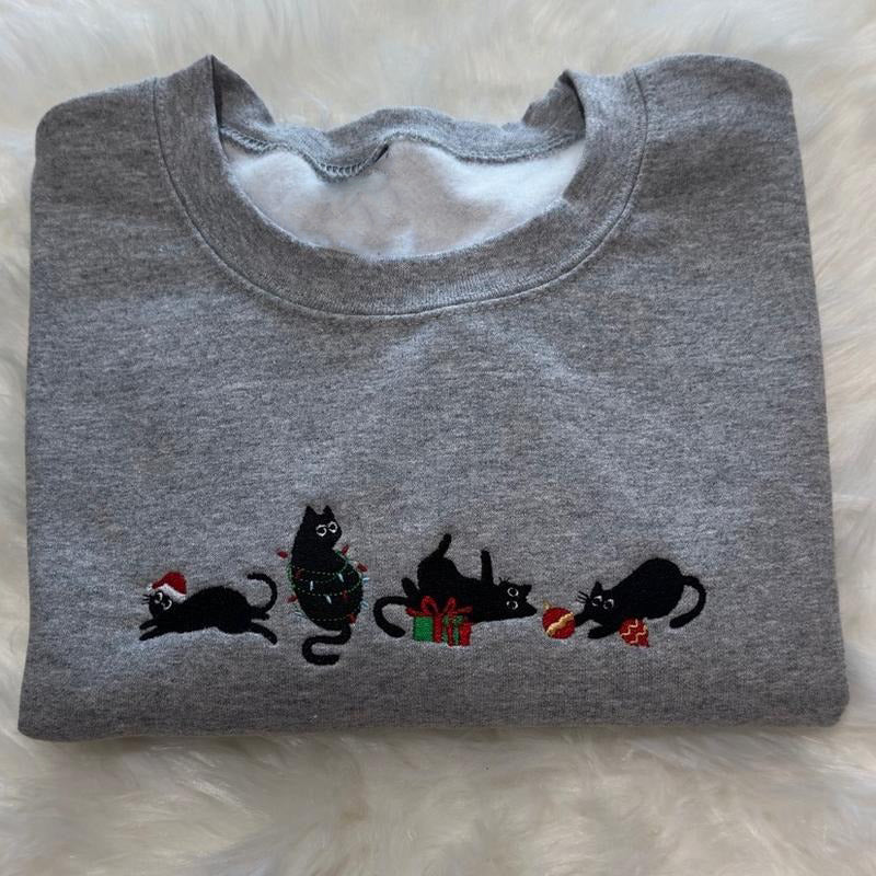 Black Christmas Cats Style Embroidered Shirt