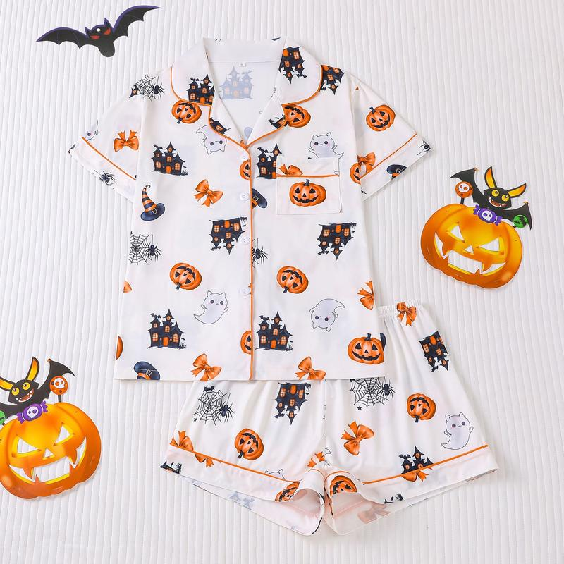 Halloween Print Lapel Neck Pajama Set